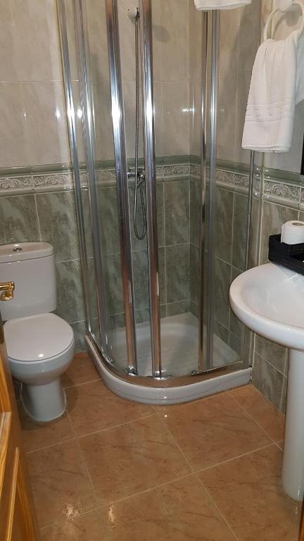 łazienka z prysznicem, toaletą i umywalką w obiekcie Apartamentos Castillo Cazorla w mieście Cazorla