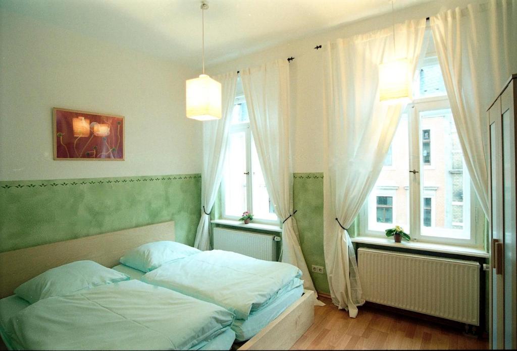 a bedroom with a bed and two windows at Hostel Louise 20 in Dresden