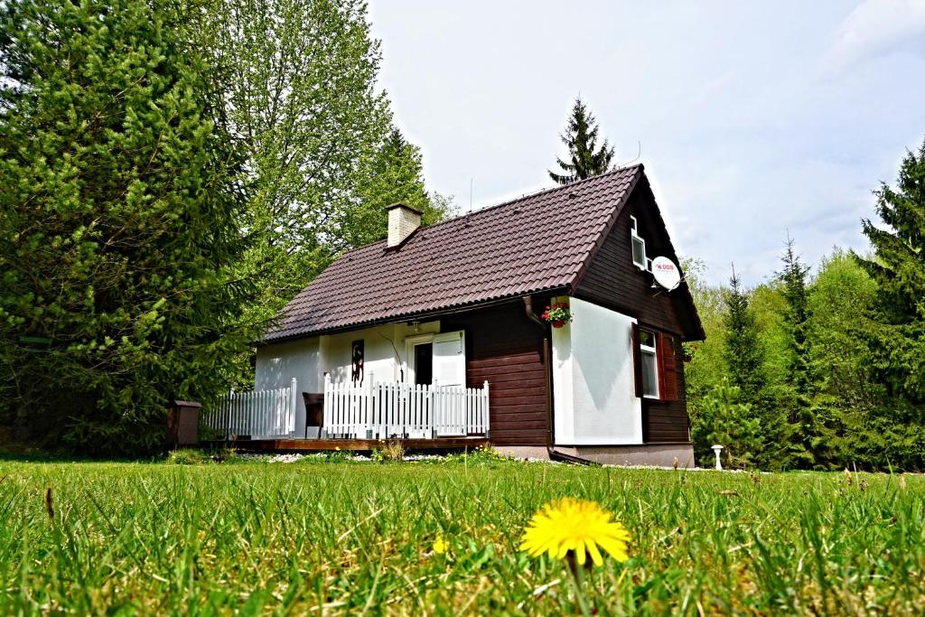 a small house in a field with a flower in the grass at Chata Bačova skala in Liptovský Ján