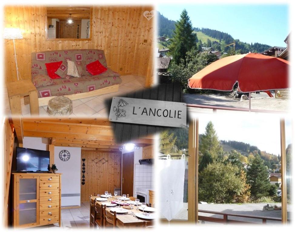 a collage of pictures of a house with a living room at Demi-Chalet l'Ancolie -- Prox pistes in Les Carroz d'Araches