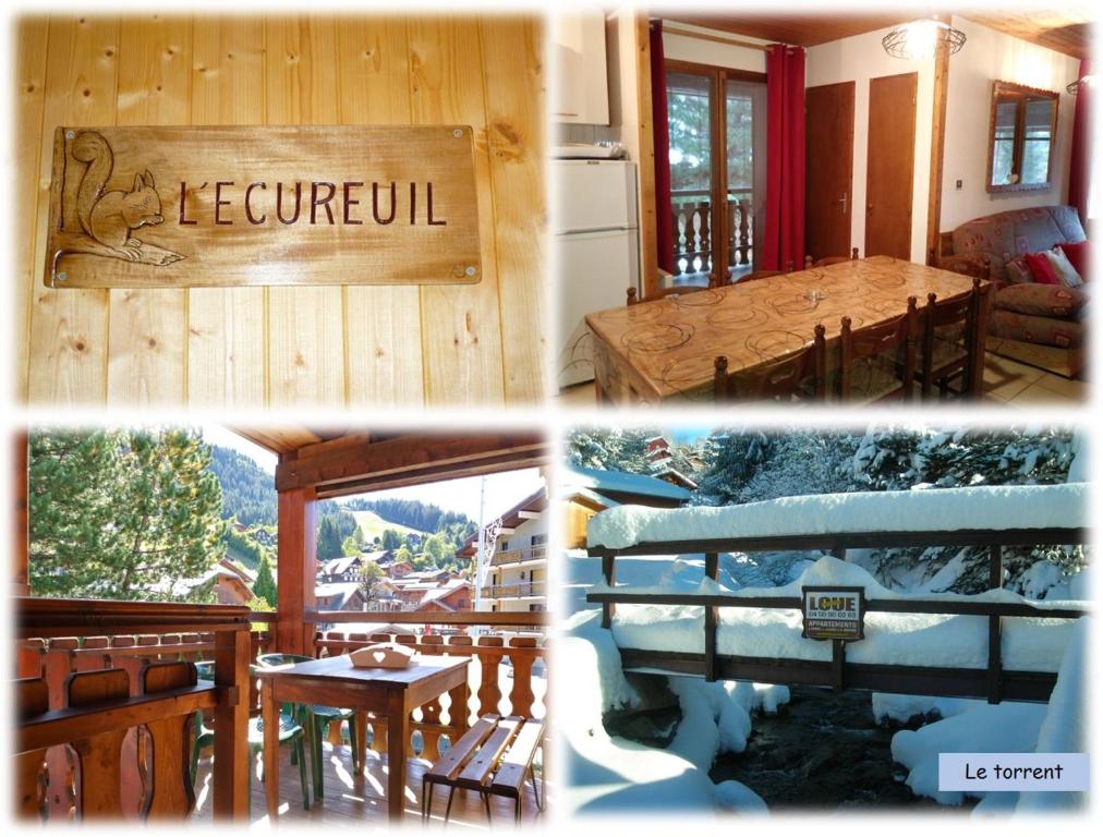 un collage de cuatro fotos de una casa en Appartement L'Ecureuil 8 pers -Prox pistes et centre village-, en Les Carroz d'Araches