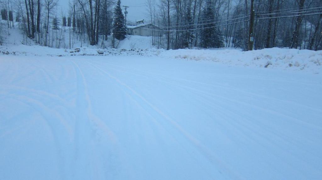 a road covered in snow with trees in the background at Super 8 by Wyndham Revelstoke BC in Revelstoke