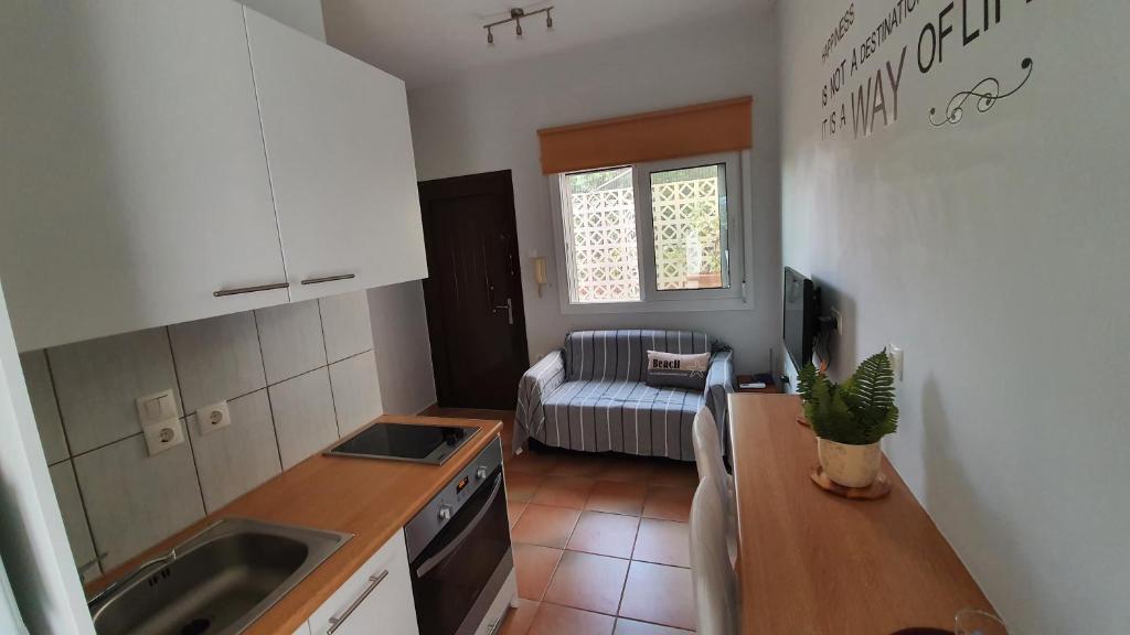 Kuchyň nebo kuchyňský kout v ubytování Cozy seaside studio in Lemos Vouliagmenis