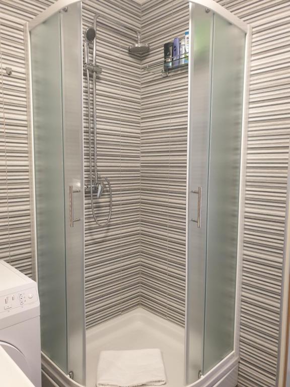 a shower with a glass door in a bathroom at Apartment Dina, Self check in 0-24 in Karlovac