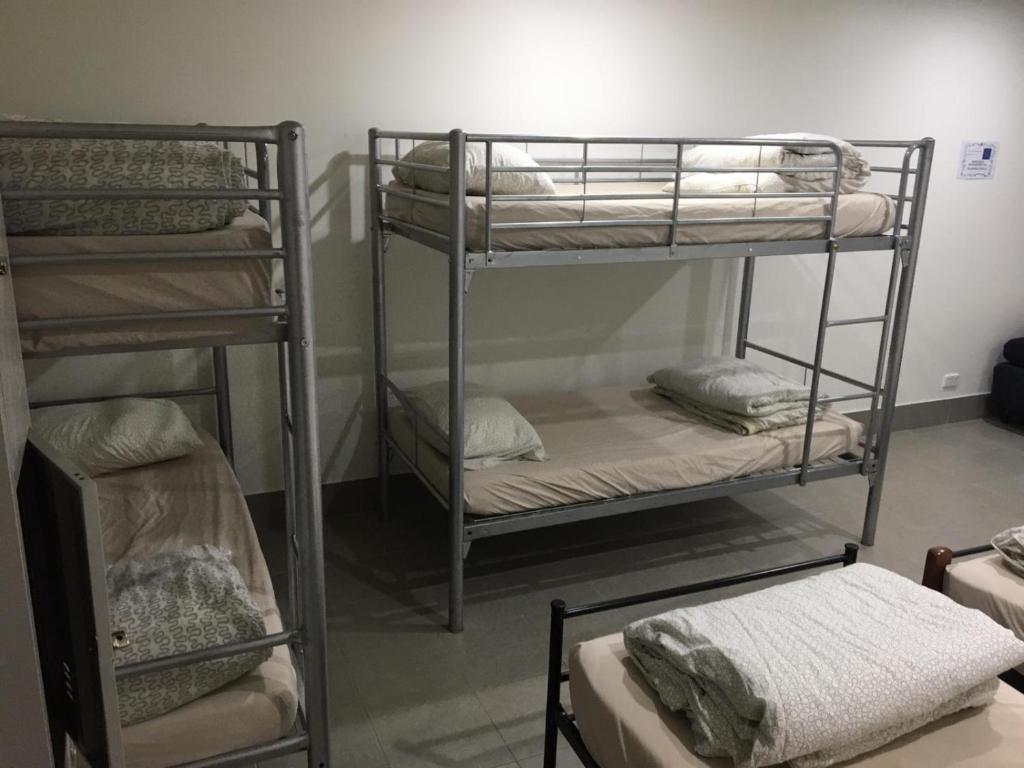 a room with three bunk beds in a room at Perth City Backpackers Hostel - note - Valid passport required to check in in Perth