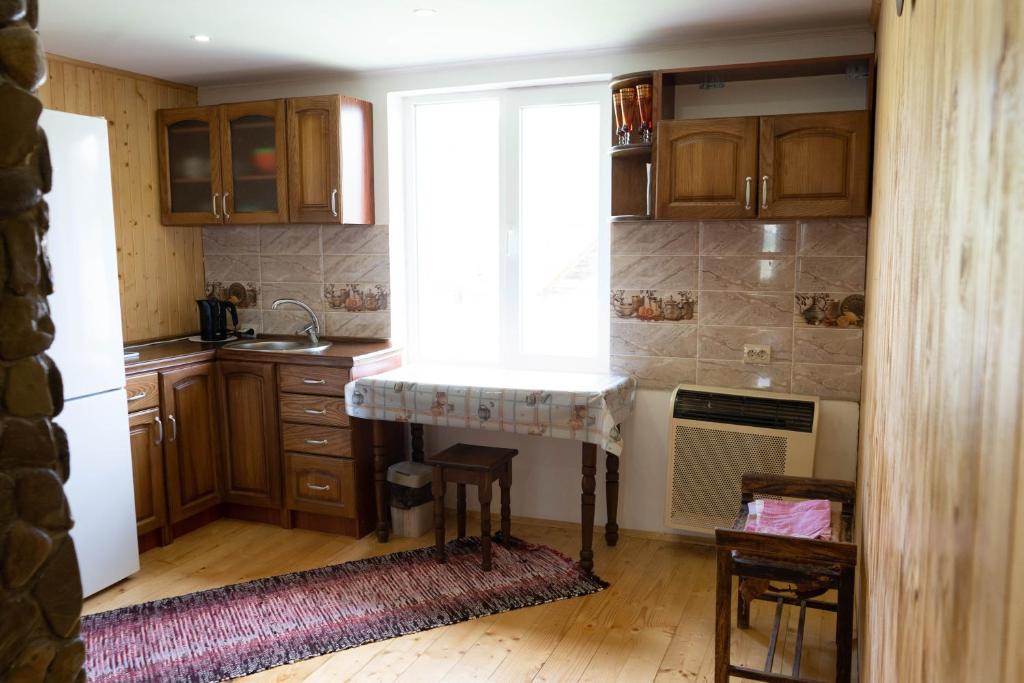 uma cozinha com um lavatório e uma janela em Садиба в пані Рузі em Skole
