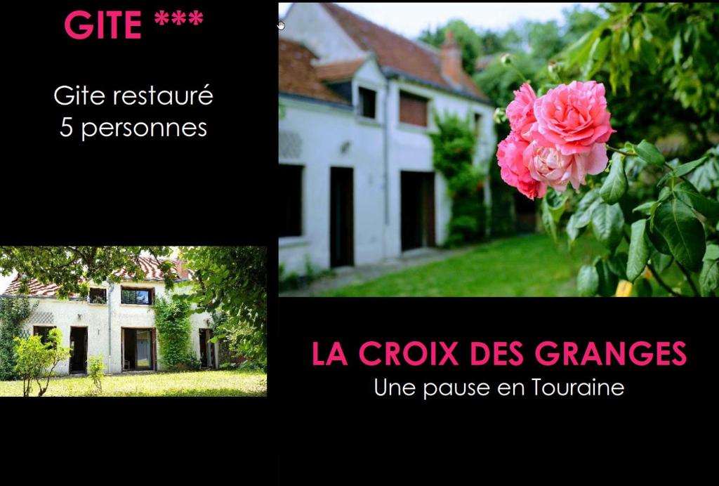 モンルイ・シュル・ロワールにあるLa Croix des Grangesの家絵とピンクのバラのコラージュ