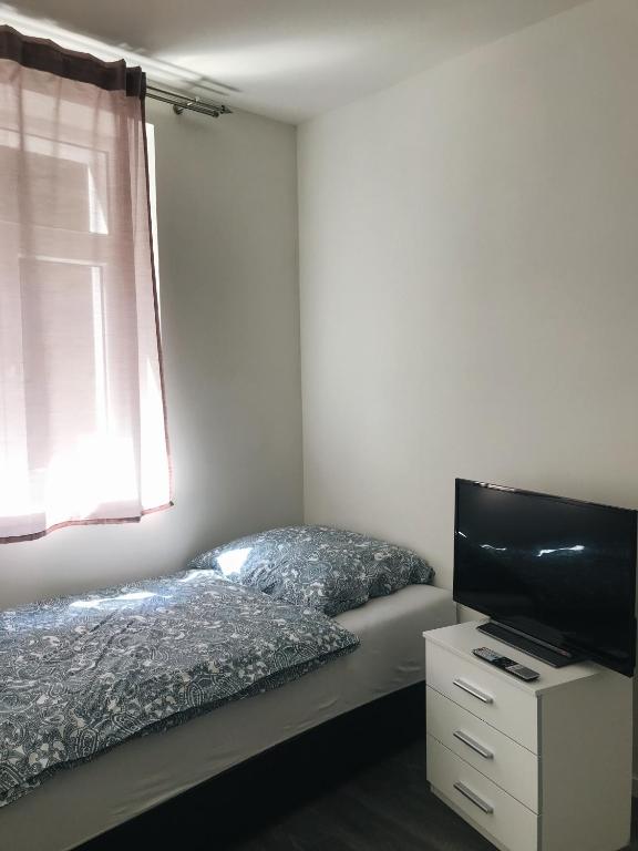 a bedroom with a bed and a flat screen tv at Hotel Kotva in Hřensko