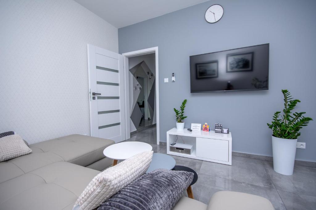 Televízia a/alebo spoločenská miestnosť v ubytovaní Apartamenty AP 11