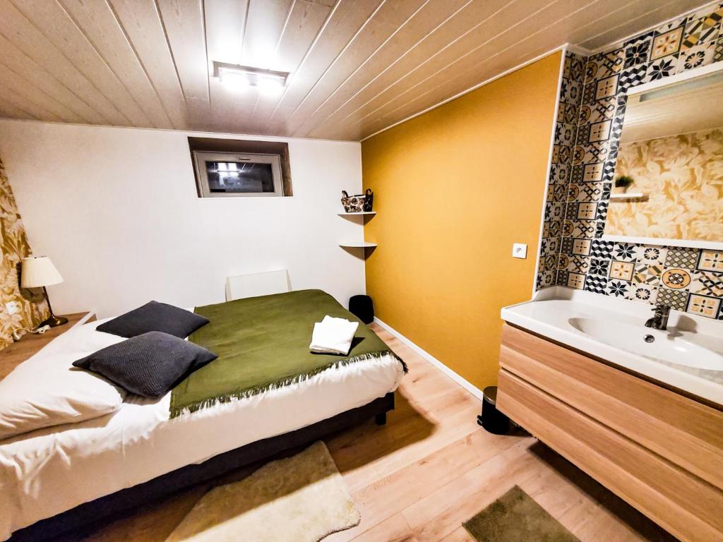 - une chambre avec un lit, une baignoire et un lavabo dans l'établissement Gites Spa Strasbourg - Gite des frères, à Hurtigheim