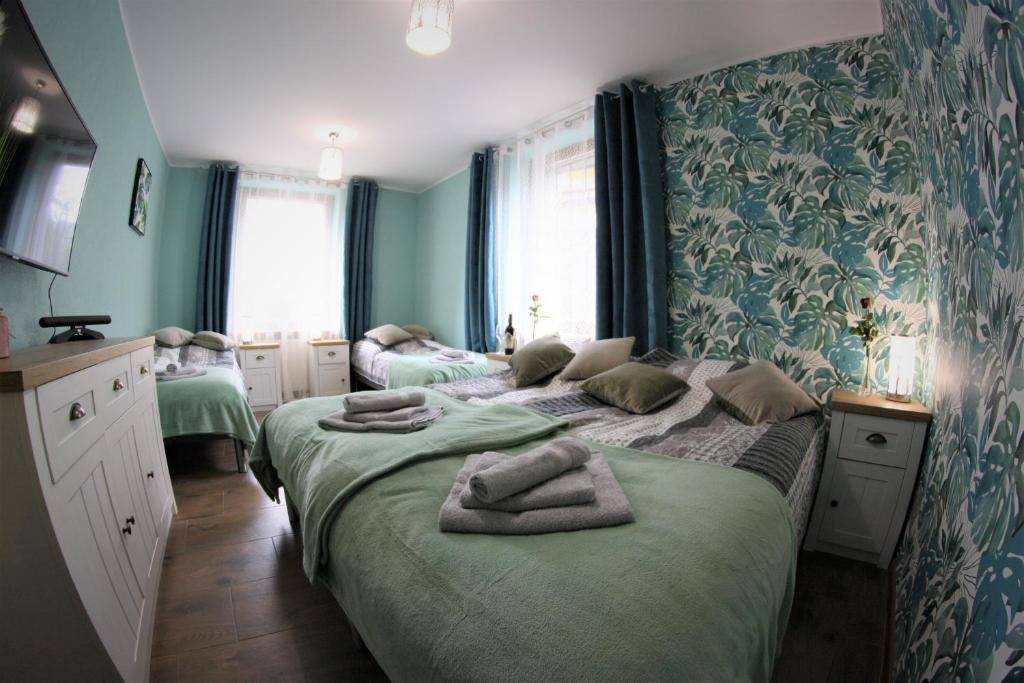 2 łóżka pojedyncze w pokoju z zielonymi ścianami w obiekcie Apartamenty Zielone Centrum w Stroniu Śląskim