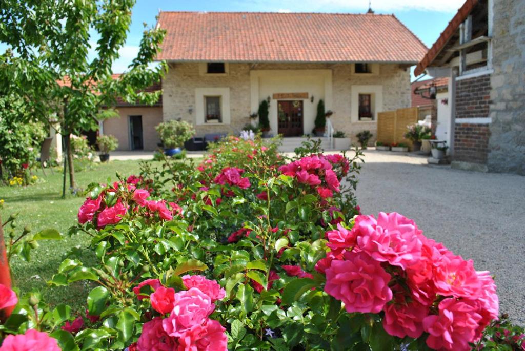 a garden with pink flowers in front of a house at La Besace in Sainte-Croix