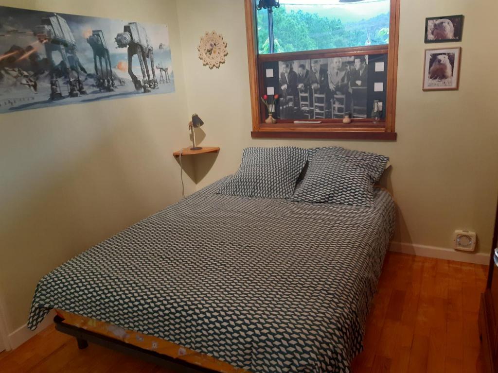 a bedroom with a bed and a window at Chalet dans village in Saint-Maurice-en-Trièves