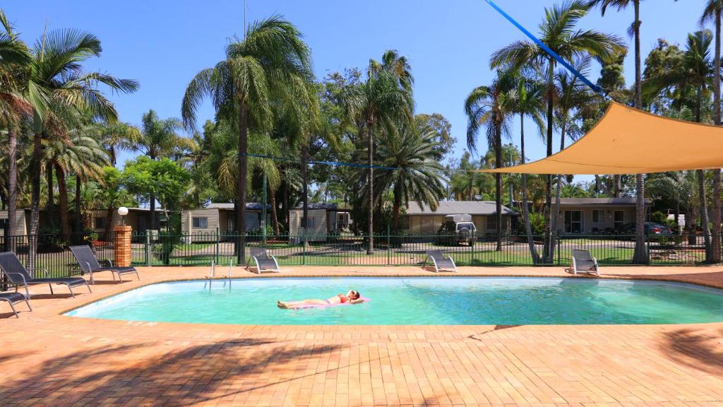 a person swimming in a pool with palm trees at Glenwood Tourist Park & Motel in Grafton