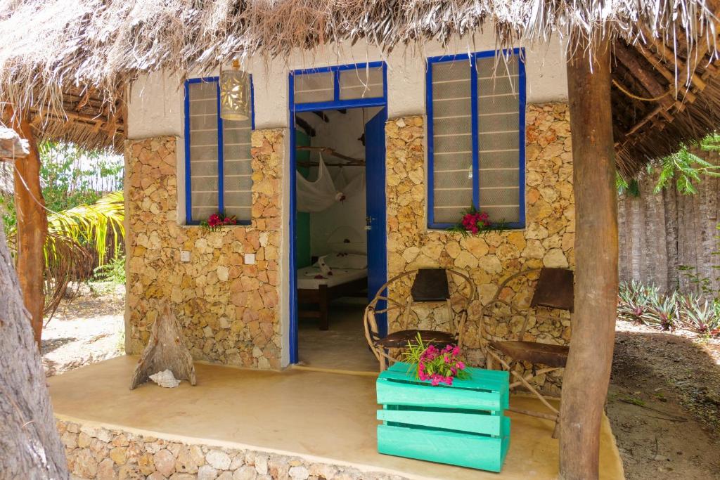 a small house with blue windows and a cat sitting outside at Demani Lodge Zanzibar in Paje
