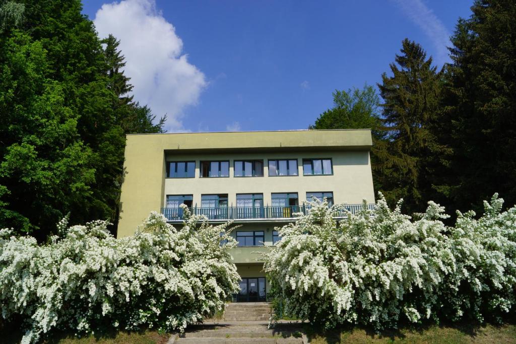 a building with white flowering trees in front of it at Hotel Chytrov in Volfířov