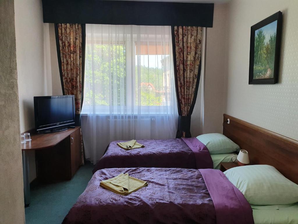 a hotel room with two beds and a television at Hotel Sudety in Głuchołazy