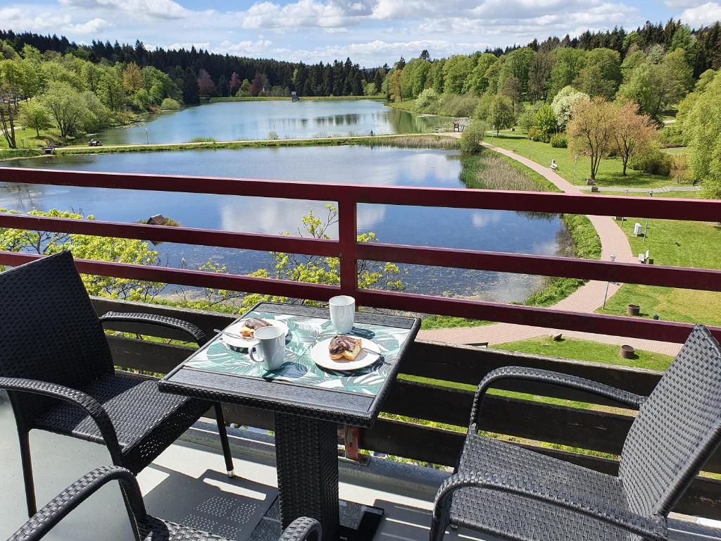 - Balcón con mesa y sillas y vistas al río en Harz Loft - Vier Jahreszeiten, en Hahnenklee-Bockswiese