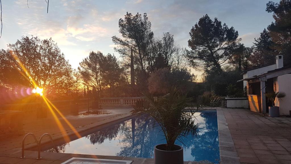 a pool with a palm tree next to a sunset at Villa Manoe in Draguignan