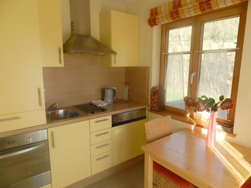 Kuchyň nebo kuchyňský kout v ubytování Landhaus am Bach