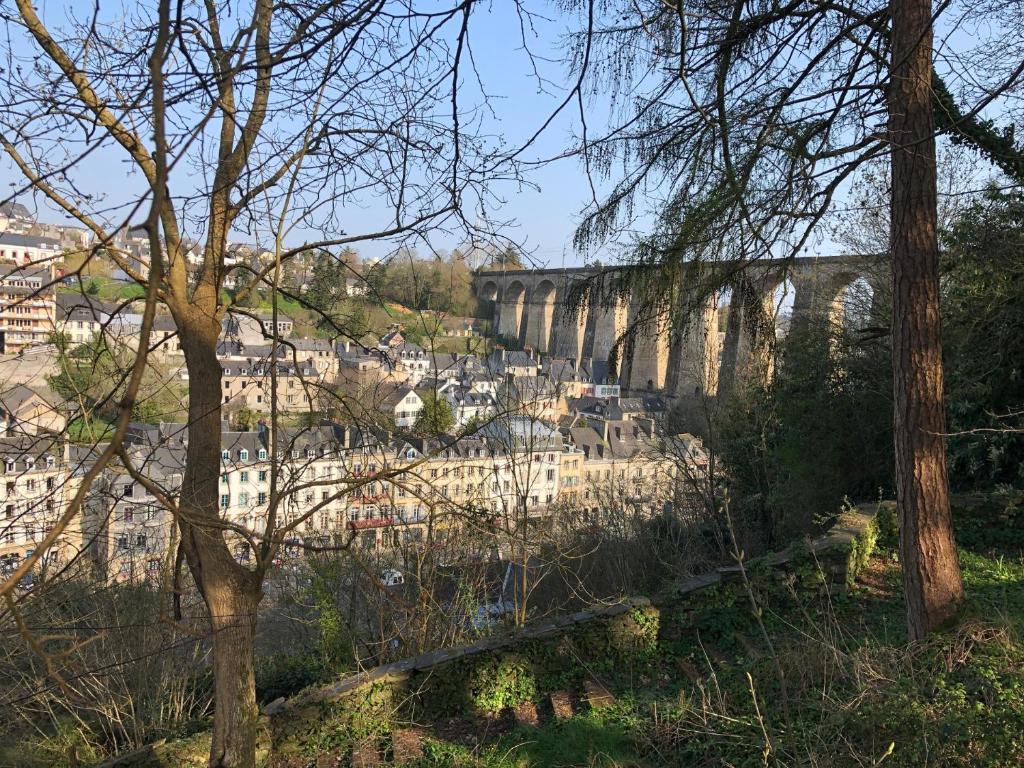 a bridge over a city with buildings and trees at Chambres d&#39;hôtes Manoir Ker-Huella in Morlaix