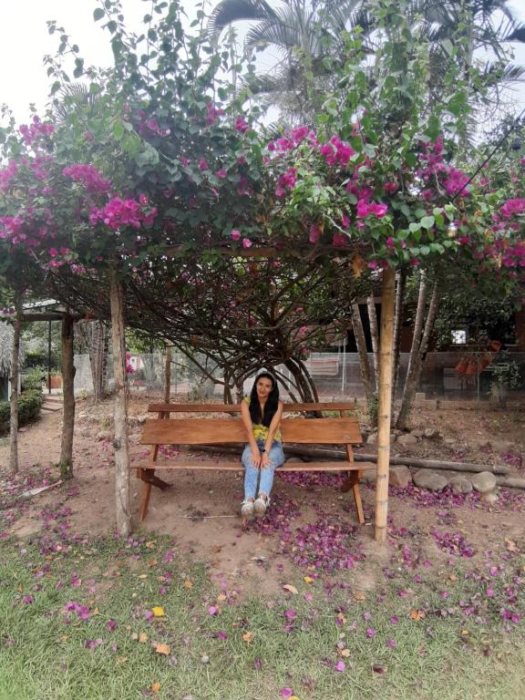 uma mulher sentada num banco debaixo de uma árvore com flores em Finca La Perla Yopal em Yopal