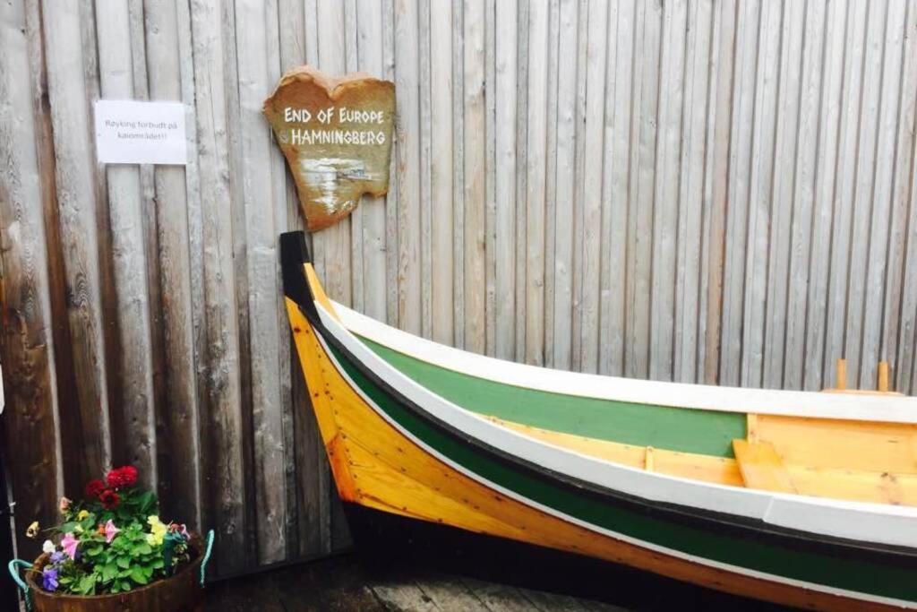 a wooden boat leaning against a fence with a plant at Grandfathers house at the end of Europe, Varanger in Havningberg