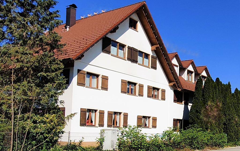 a white building with a brown roof at BodenSEE Haus am Geissbock in Meckenbeuren