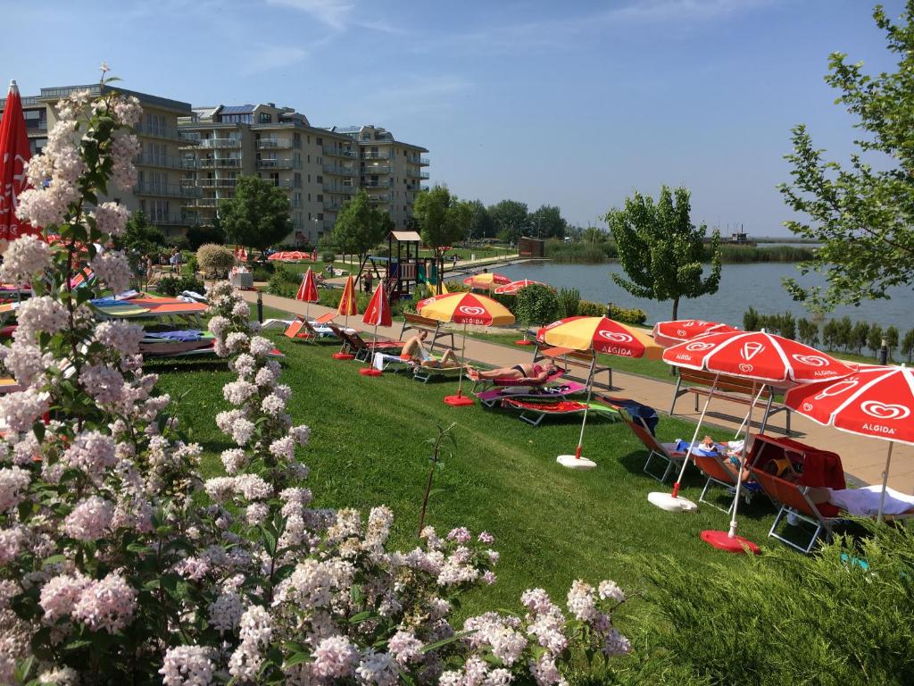 a bunch of umbrellas and chairs on the grass near a lake at Aqua Apartman Superior in Velence
