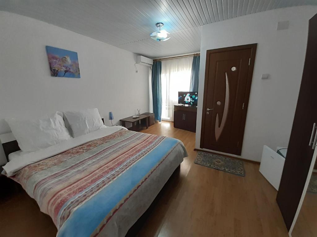 a bedroom with a large bed and a wooden floor at Vila Albatros in Vama Veche