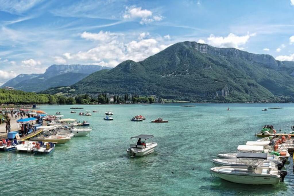 un groupe de bateaux dans une masse d'eau avec des montagnes dans l'établissement Studio proche du lac-Triangle d'or, à Annecy