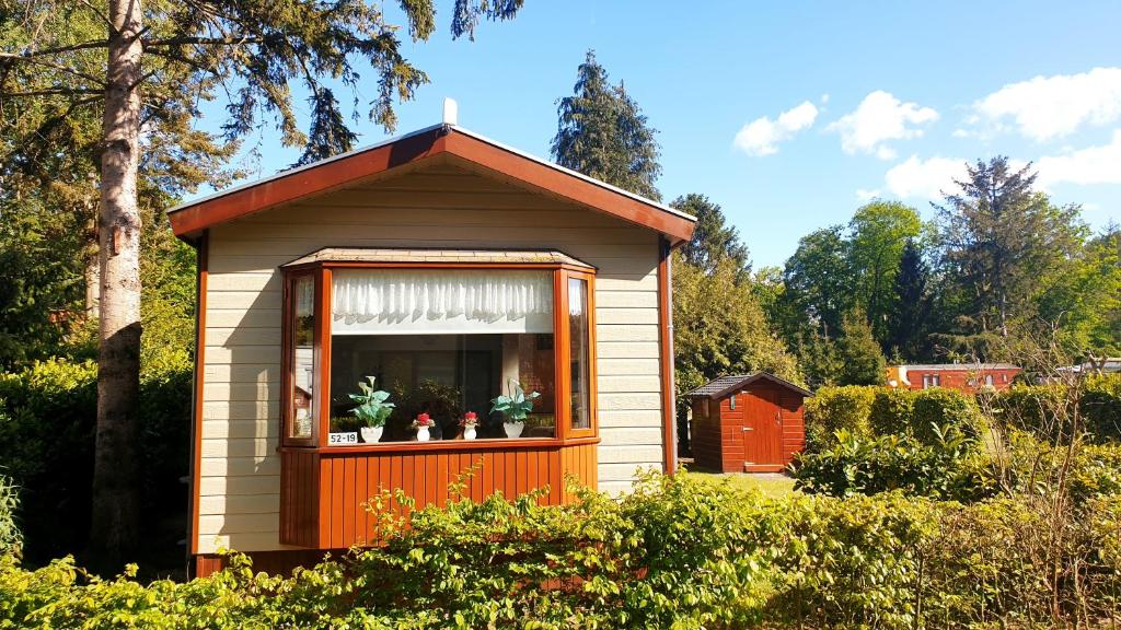 een kleine schuur met een raam met planten erin bij De Kleine Kriemelkuil {Het Herdertje} in Ermelo