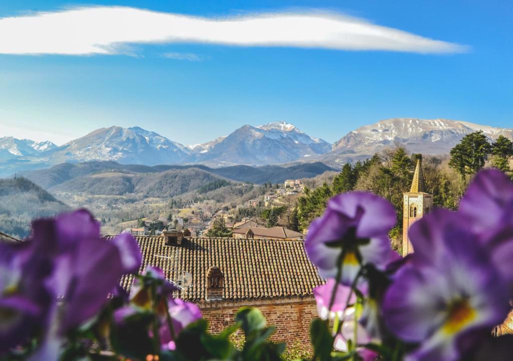 un groupe de fleurs violettes avec des montagnes en arrière-plan dans l'établissement Villa Schinoppi, à Amandola