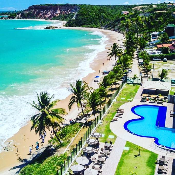 an aerial view of a beach with palm trees and the ocean at Tabatinga Residence Service - Flat 02 in Jacumã