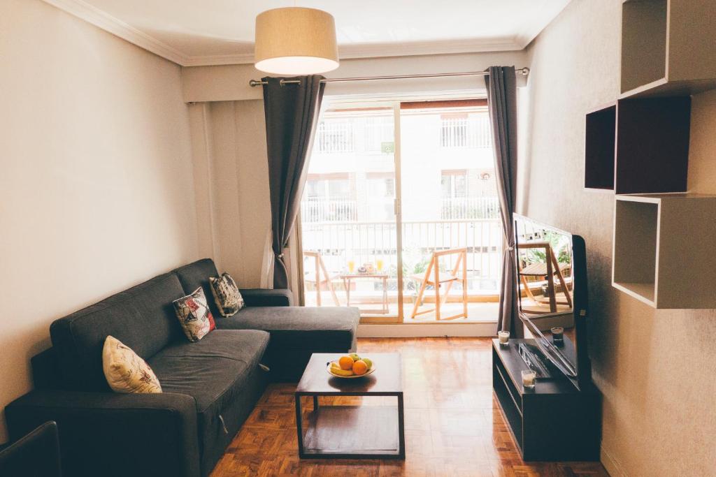 a living room with a couch and a television at GROS ZURRIOLA BEACH WIFI TERRACE PARKING 20E night in San Sebastián
