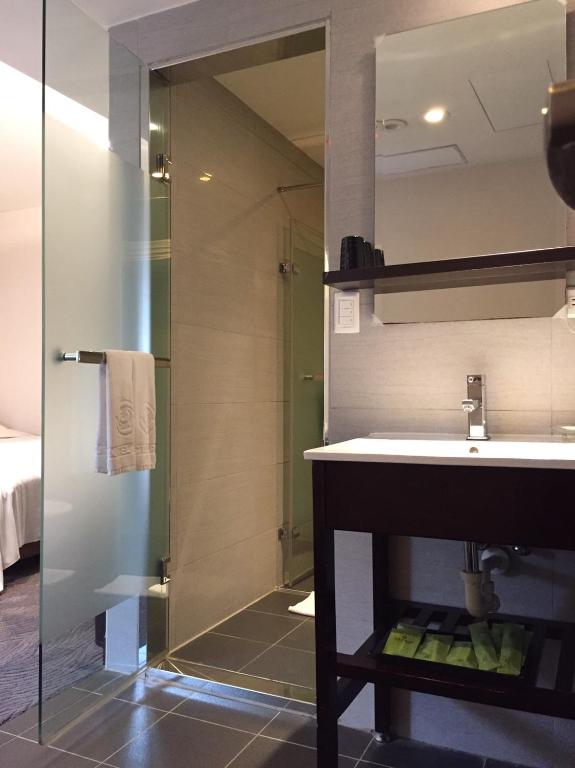 a bathroom with a sink and a shower with a mirror at Hotel Puri in Taipei