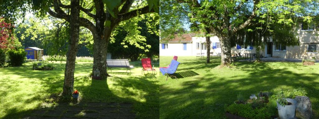zwei Bilder eines Gartens mit einem Baum und einer Bank in der Unterkunft Les chambres du Ladoux in Puy-de-Fourches