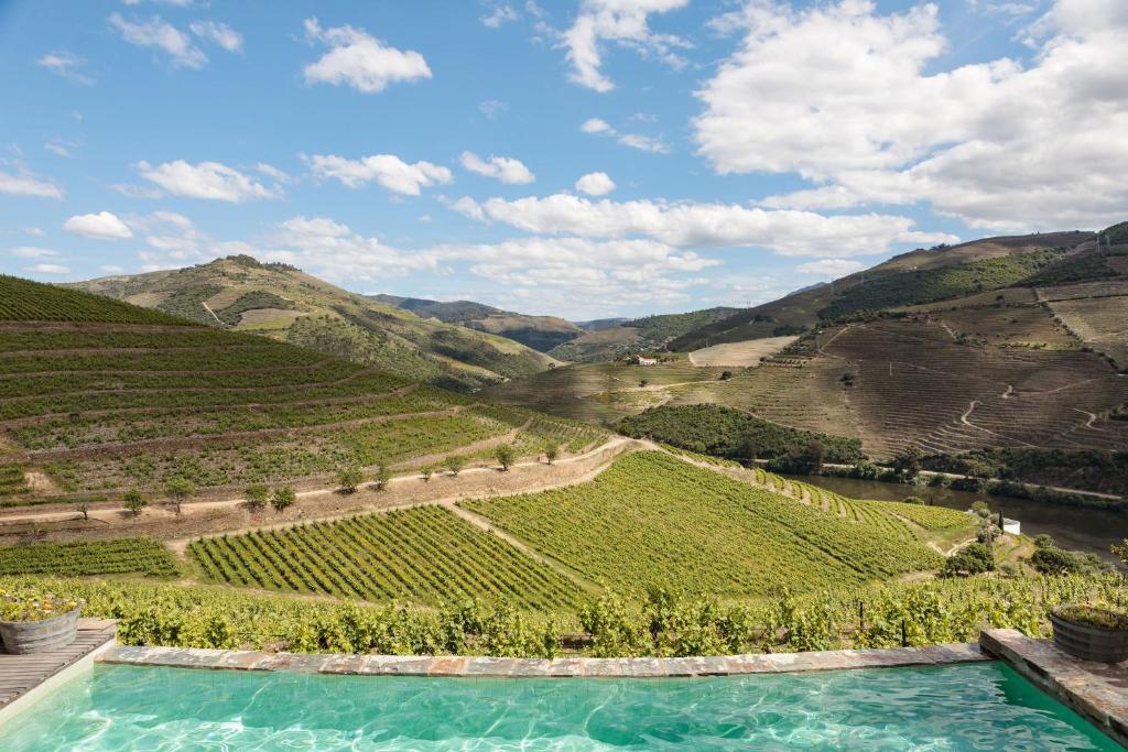 a view of a vineyard and a swimming pool in the middle of a valley at Quinta Nova Winery House - Relais & Châteaux in Pinhão