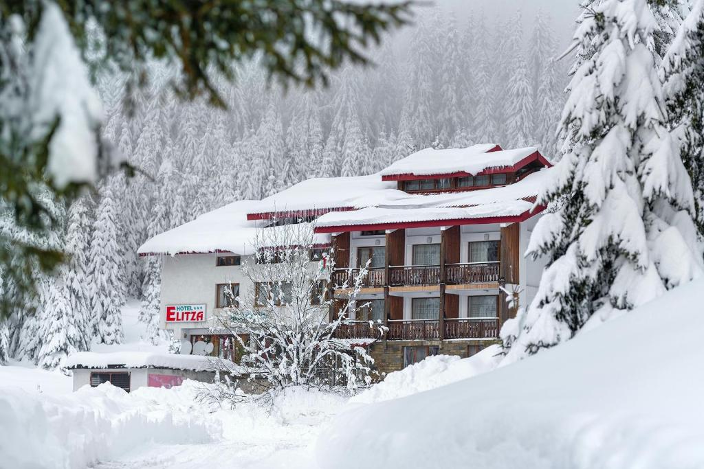 een gebouw bedekt met sneeuw en met sneeuw bedekte bomen bij Hotel Elitza in Pamporovo