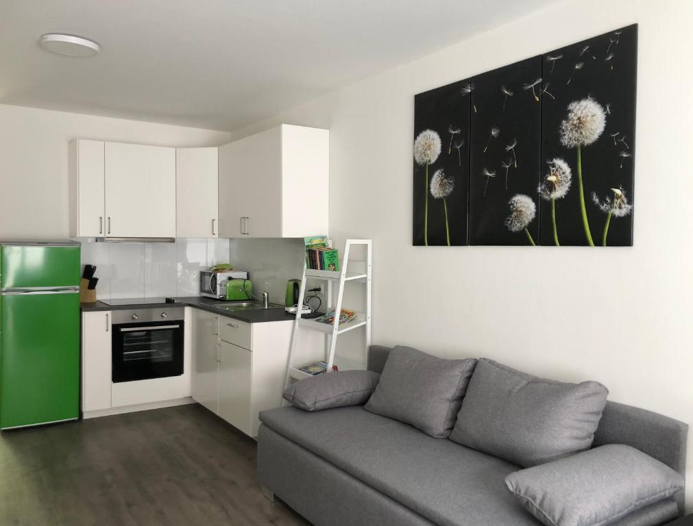 Il comprend un salon avec un canapé et une cuisine. dans l'établissement Stilvoll Wohnen in Oldenburg Kreyenbrück Apartments, à Oldenbourg
