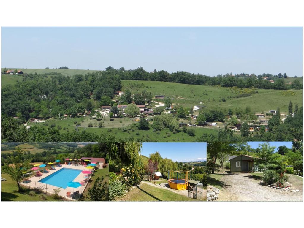 un collage de deux photos d&#39;une cour avec une piscine dans l&#39;établissement Camping Le Bourdieu, à Durfort