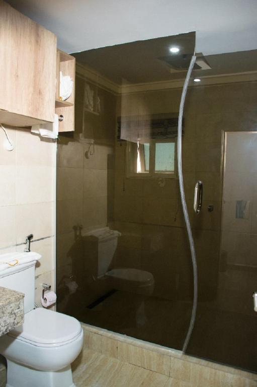 a bathroom with a shower and a toilet at Lit Suites in Abuja