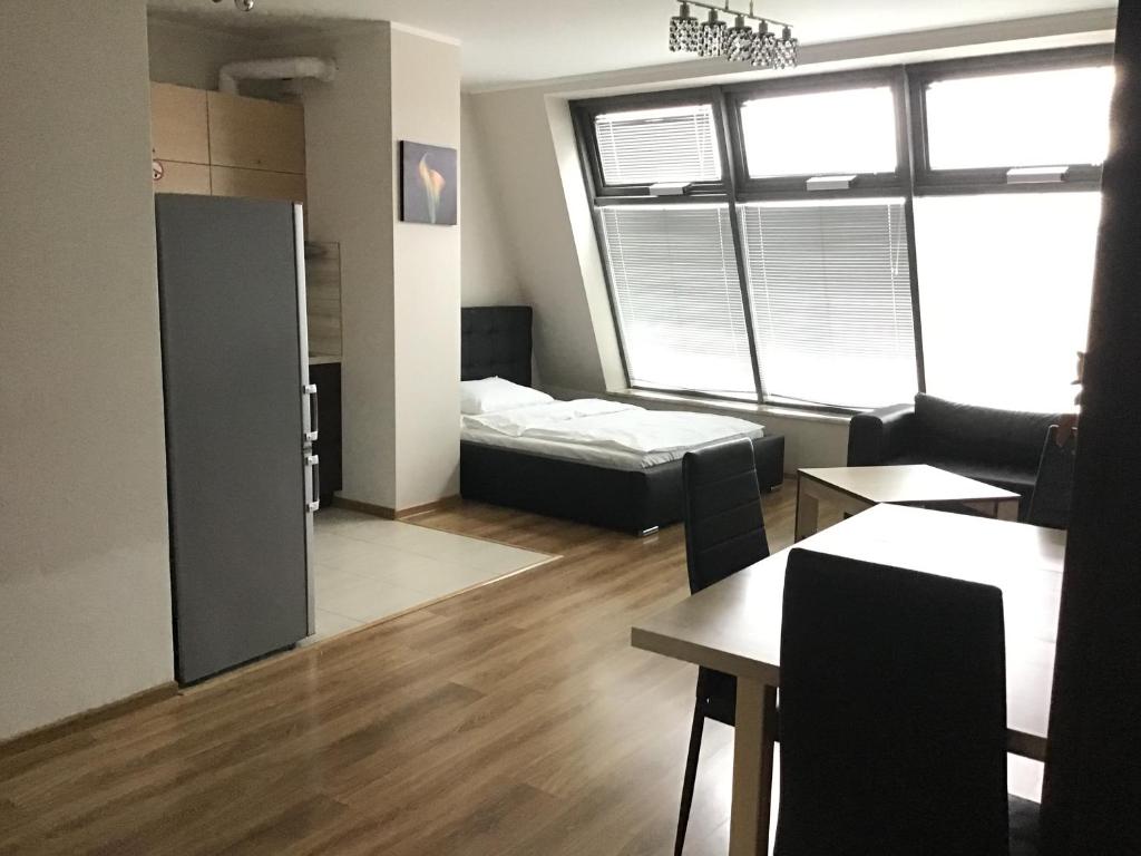 - un salon avec un canapé et un lit dans une chambre dans l'établissement Młynowa - Apartamenty Centrum New, à Białystok