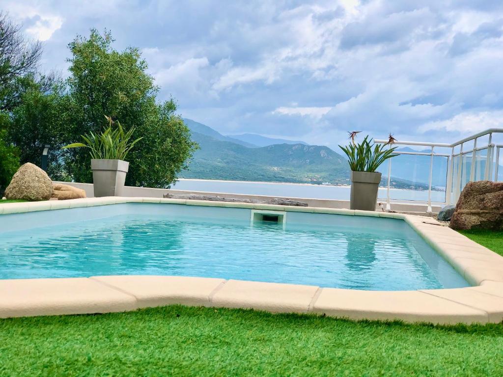 una piscina en el césped junto al agua en Les Villas MarInCelu en Porto Pollo