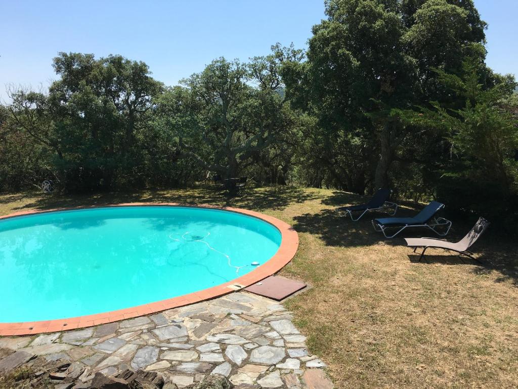 - une piscine dans une cour avec des chaises et des arbres dans l'établissement Maison charmante à Montauriol avec jardin et piscine privée., à Montauriol