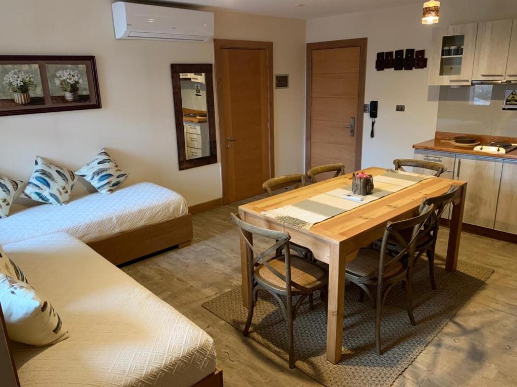 a room with a table and a bed and a kitchen at Entre Cumbres Hotel & Apart Hotel in Coihaique