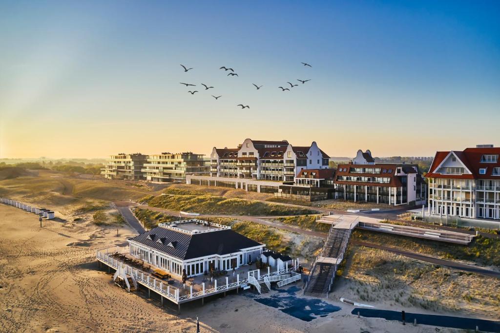 un groupe d’oiseaux volant au-dessus d’une ville abritant des bâtiments dans l'établissement Hotel de Blanke Top, à Cadzand-Bad