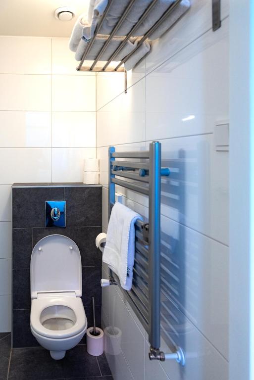 een badkamer met een toilet en een handdoekenrek bij Stad & Strandhotel Elisabeth in Vlissingen