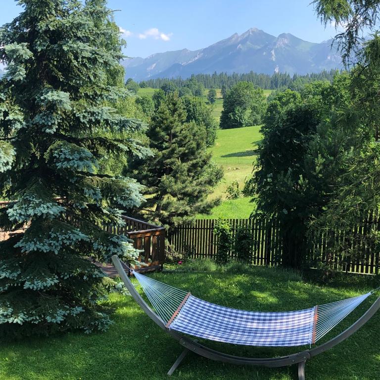 a hammock in a yard with a tree and mountains at Siumno Izba B&B Brzegi in Brzegi