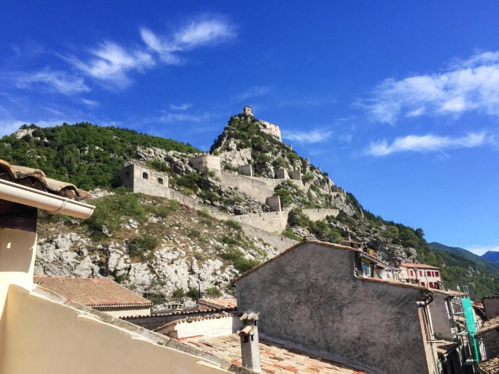 un château au sommet d'une montagne dans l'établissement Appartement d'une chambre avec terrasse a Entrevaux, à Entrevaux